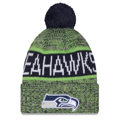 Seattle Seahawks New Era Girls Youth Tri-Color Cuffed Knit Hat with Pom - Neon Green