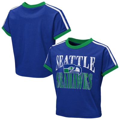  Seattle Seahawks WEAR by Erin Andrews Girls Youth  Cropped Hail Mary Ringer Baby T-Shirt - Royal