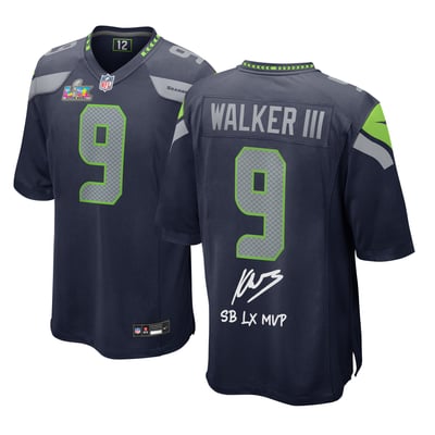 Kenneth Walker III Seattle Seahawks Autographed Fanatics Authentic Super Bowl LX Champions College Navy Nike Game Jersey with "SB LX MVP" Inscription