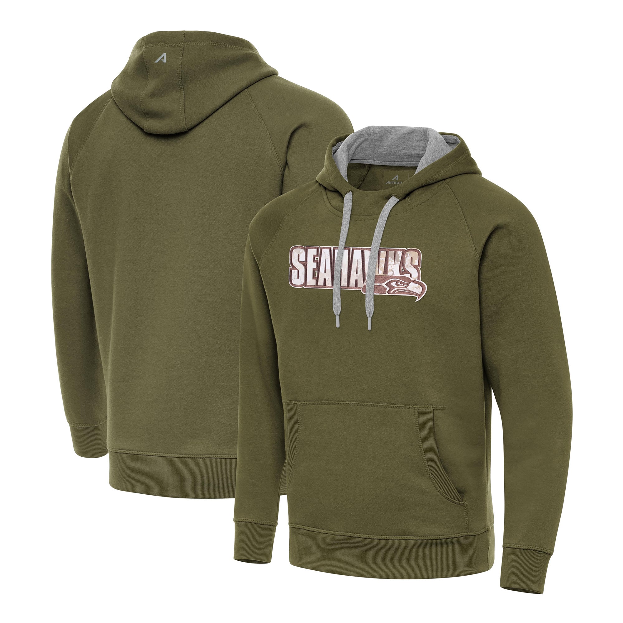 Men's Antigua Olive Seattle Seahawks Woodland Camo Victory Hoodie