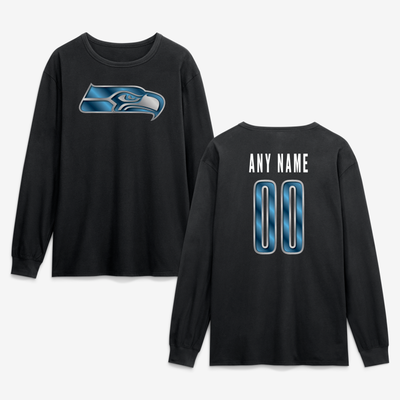 Seattle Seahawks  Metallic Mascot Personalized Name & Number Long Sleeve T-Shirt - Black