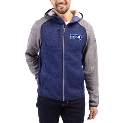  Seattle Seahawks Cutter & Buck Throwback Mainsail Sweater-Knit Full-Zip Hoodie - Heather Blue/Heather Gray