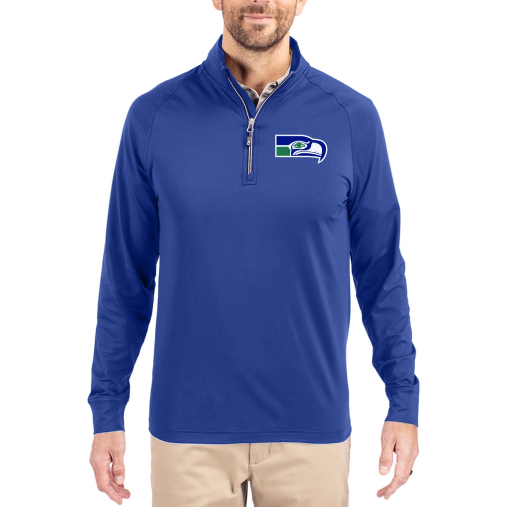 Seattle Seahawks Cutter & Buck Adapt Eco Knit Stretch Recycled Quarter-Zip Throwback Pullover Top - Royal