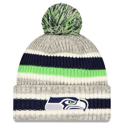 Seattle Seahawks New Era Stripe Cuff Knit Hat with Pom - College Navy/Gray