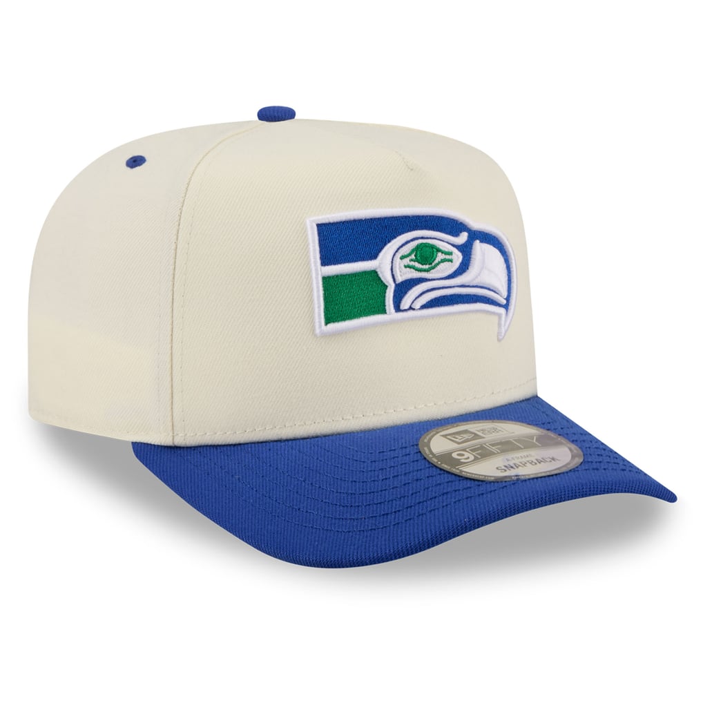 Men's Seattle Seahawks New Era Cream/Royal Rear Wordmark A-Frame 9FIFTY ...