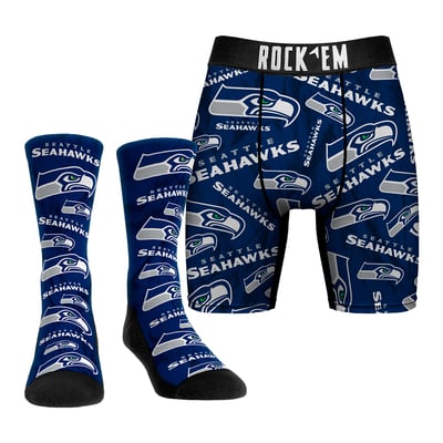  Seattle Seahawks Rock Em All-Over Logo Underwear and Crew Socks Combo Pack - 