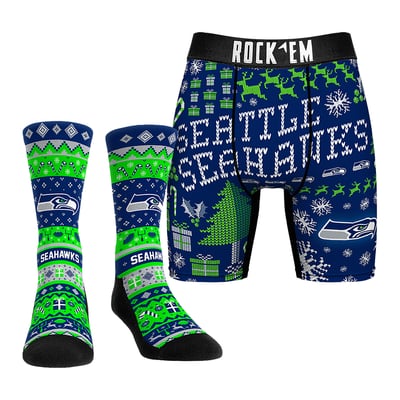 Seattle Seahawks Rock Em Socks Holiday Tacky Sweater Underwear and Crew Socks Combo Pack