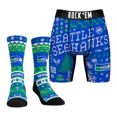 Seattle Seahawks Rock Em Socks Retro Throwback Holiday Tacky Sweater Underwear and Crew Socks Combo Pack