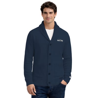 Seattle Seahawks Starter Shawl Collar Heavy Knit Cardigan Sweater - College Navy