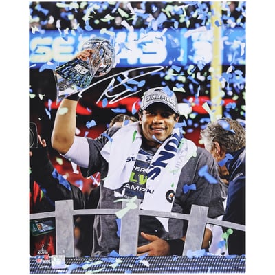 Russell Wilson Seattle Seahawks Autographed Fanatics Authentic 16" x 20" Holding Super Bowl 48 Lombardi Trophy Photograph 
