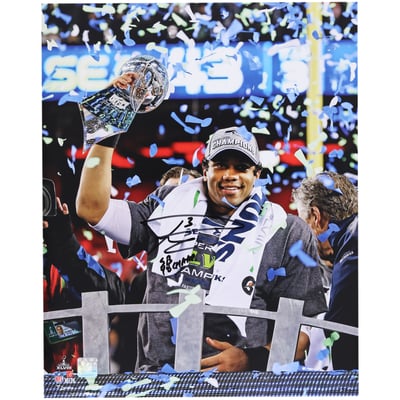 Russell Wilson Seattle Seahawks Autographed Fanatics Authentic 16" x 20" Holding Super Bowl 48 Lombardi Trophy Photograph with "SB 48 Champs" Inscription 