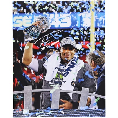 Russell Wilson Seattle Seahawks Autographed Fanatics Authentic 16" x 20" Holding Super Bowl 48 Lombardi Trophy Photograph with "SB 48 Champs" Inscription 