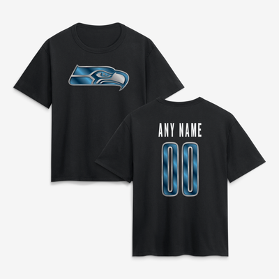 Seattle Seahawks Women's Metallic Mascot Personalized Name & Number T-Shirt - Black