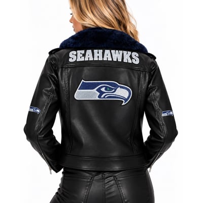 Seattle Seahawks FABGATING by Cuce Women's Vegan Leather Faux Fur Moto Full-Snap Jacket - Black/College Navy