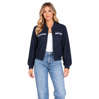 Seattle Seahawks FABGATING by Cuce Women's Crystal Full-Zip Bomber Jacket - College Navy