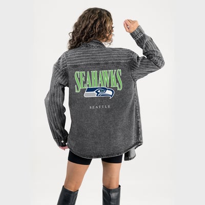  Seattle Seahawks Gameday Couture Women's End Zone Energy Rhinestone Washed Full-Snap Denim Overshirt - Black