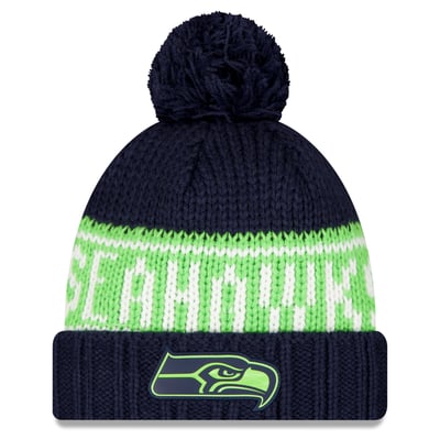 Seattle Seahawks New Era Women's 2026 Sideline Cold Weather  Cuffed Knit Hat with Pom - College Navy