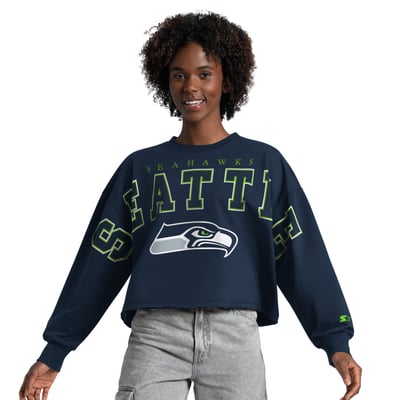 Seattle Seahawks Starter Women's Bleachers Cropped Sweatshirt - College Navy