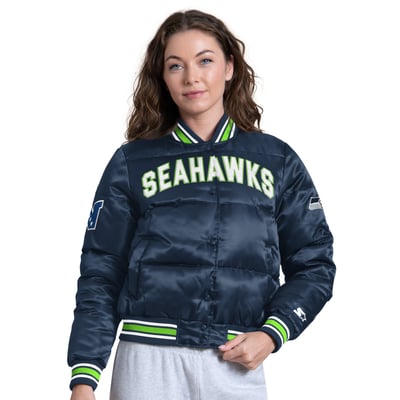Seattle Seahawks Starter Women's Pump Fake Puffer Full Snap Cropped Jacket - College Navy