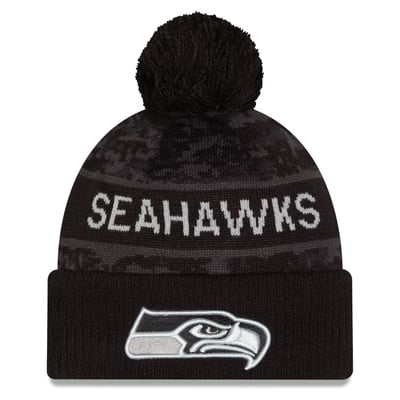 Seattle Seahawks New Era Youth 2026 Salute To Service Cuffed Knit Hat with Pom - Black
