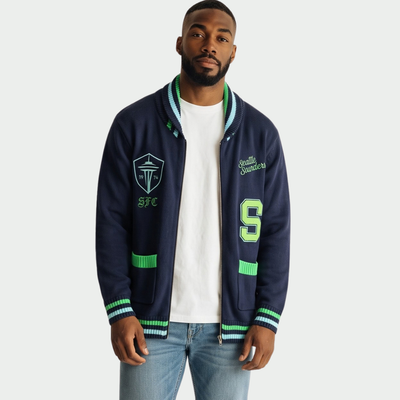 Seattle Sounders FC The Wild Collective Unisex Jacquard Full-Zip Sweater - Navy