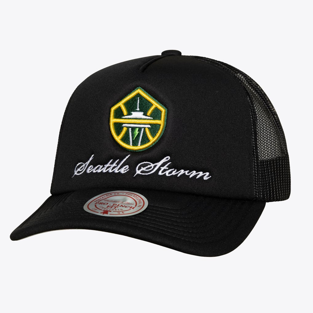 Seattle Storm Mitchell & Ness Unisex Script Pro Pinch Adjustable Trucker Hat - Black