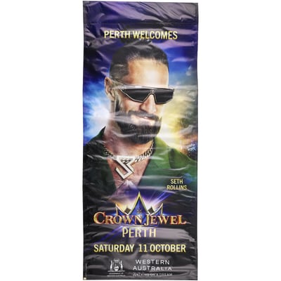 Seth Rollins WWE Event-Used 84" x 36" 2025 Crown Jewel Street Banner - Hung in Downtown Perth