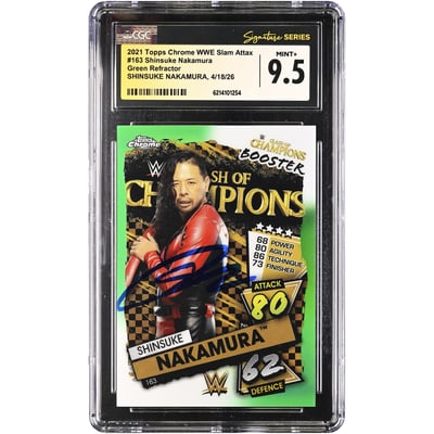 Shinsuke Nakamura WWE Autographed 2021 Topps Chrome Slam Attax Green Refractor #163 #/50 CGC Fanatics Witnessed Authenticated MINT+ 9.5 Card