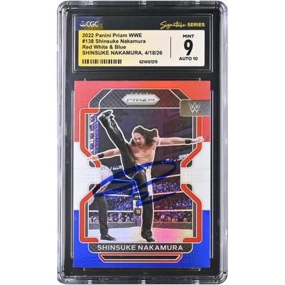 Shinsuke Nakamura WWE Autographed 2022 Panini Prizm Red White & Blue #138 CGC Fanatics Witnessed Authenticated 9/10 Card