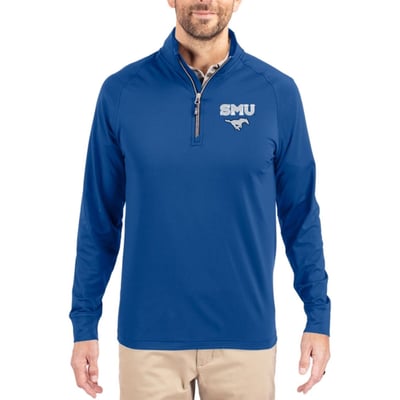 SMU Mustangs Cutter & Buck Soft Knit Stretch Raglan Quarter-Zip Pullover - Royal