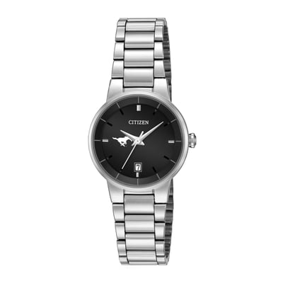 SMU Mustangs Citizen Watch Women's Black Dial Stainless Steel Watch - Silver