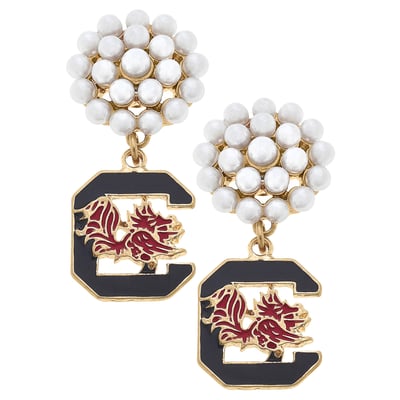 South Carolina Gamecocks CANVAS Style Women's Pearl Cluster Enamel Drop Earrings