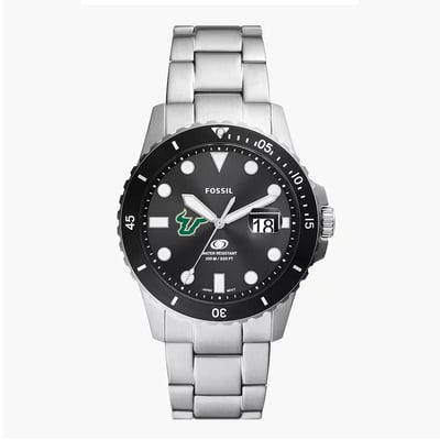 South Florida Bulls Fossil Blue Dive Three-Hand Date Stainless Steel Watch - Silver