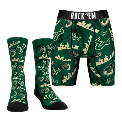 South Florida Bulls Rock Em Socks Allover Logo Underwear and Crew Socks Combo Pack - Green