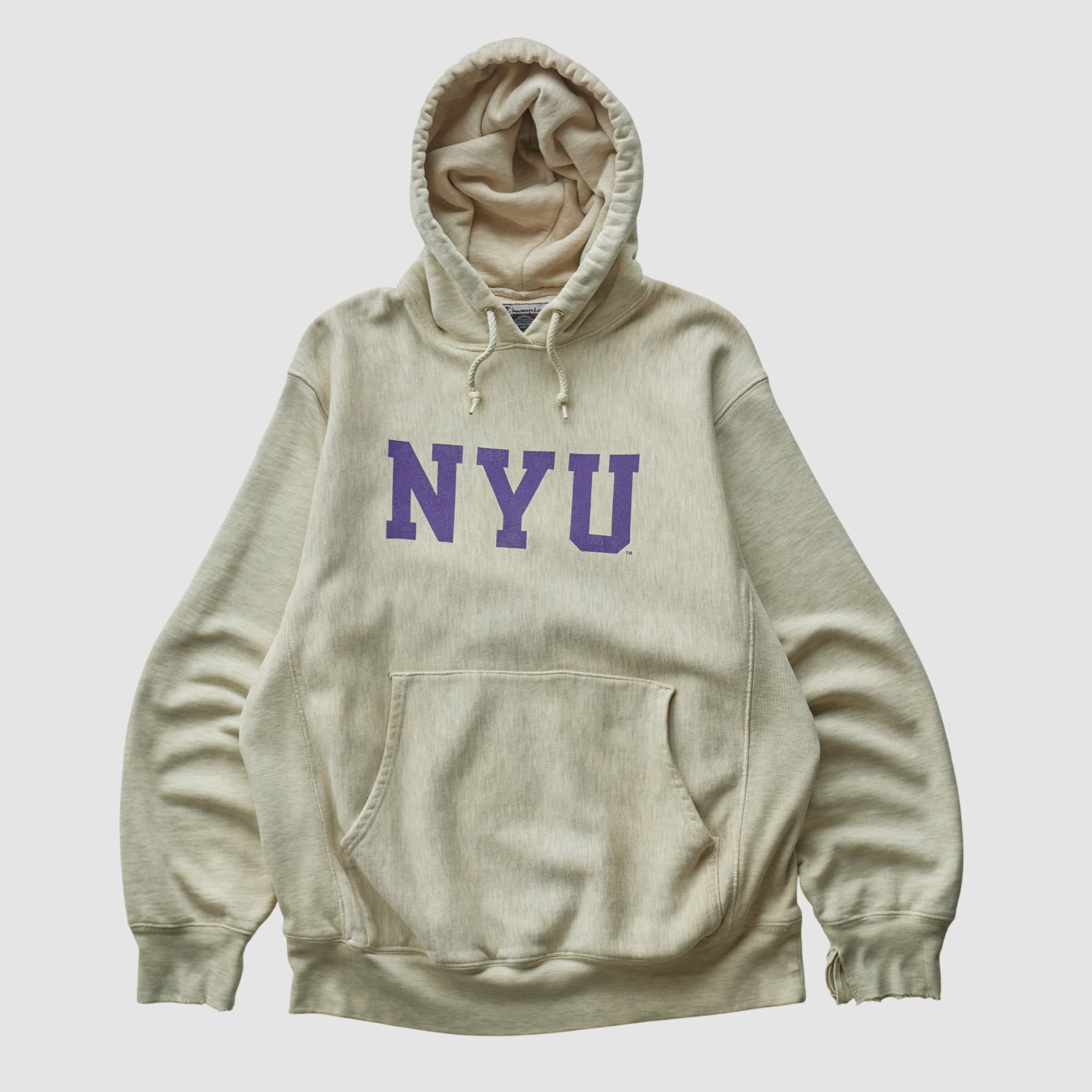 NYU Violets Champion 2000s Hooded Pullover Sweatshirt - Beige - M