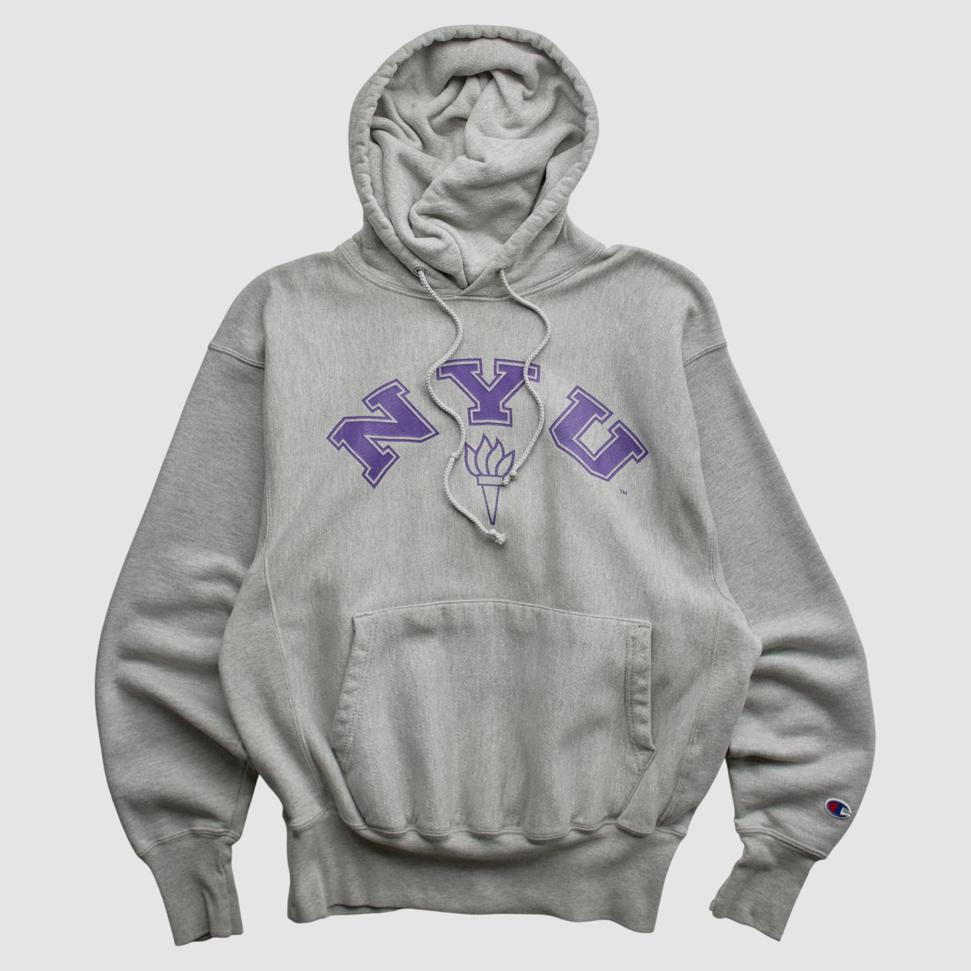 NYU Violets Champion 2000s Hooded Pullover Sweatshirt - Heather Gray - XS