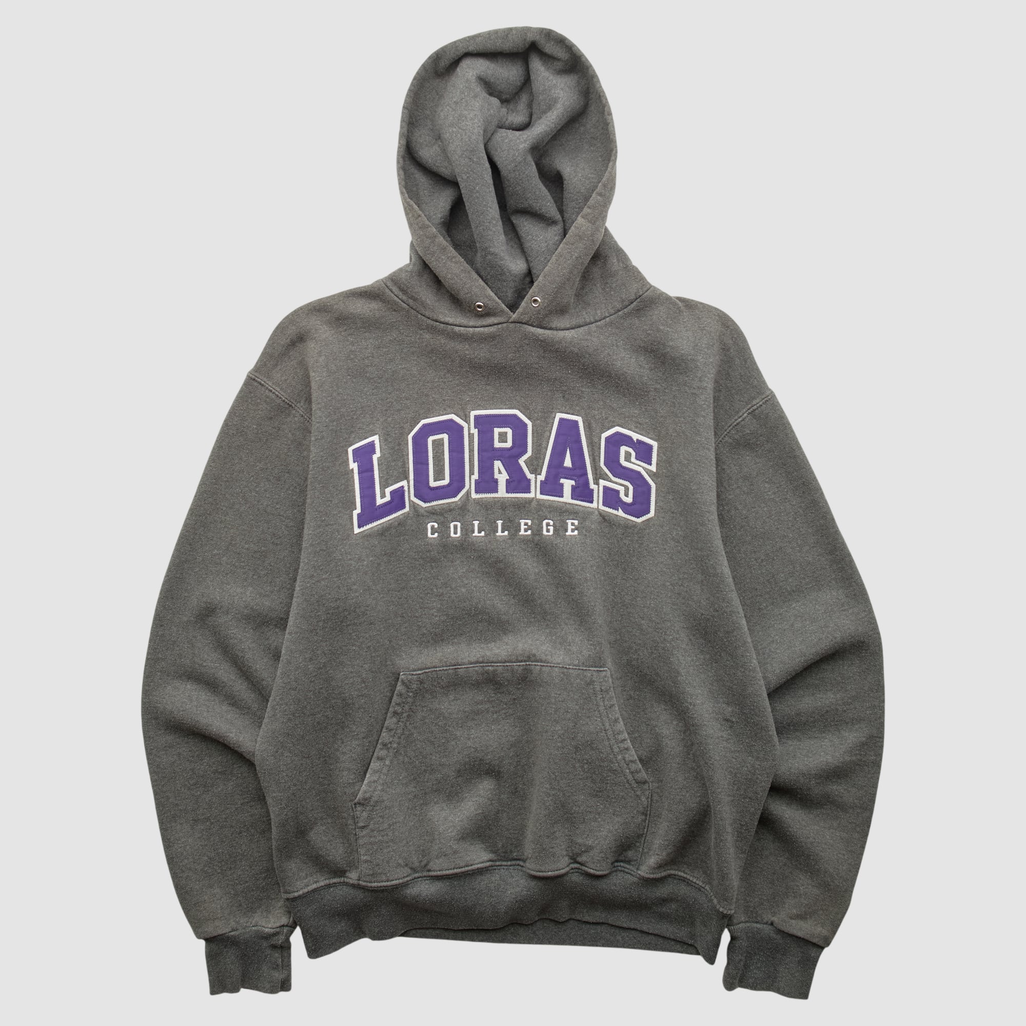 Loras College Duhawks Champion 2000s Hooded Pullover Sweatshirt - Dark Heather Gray - XS