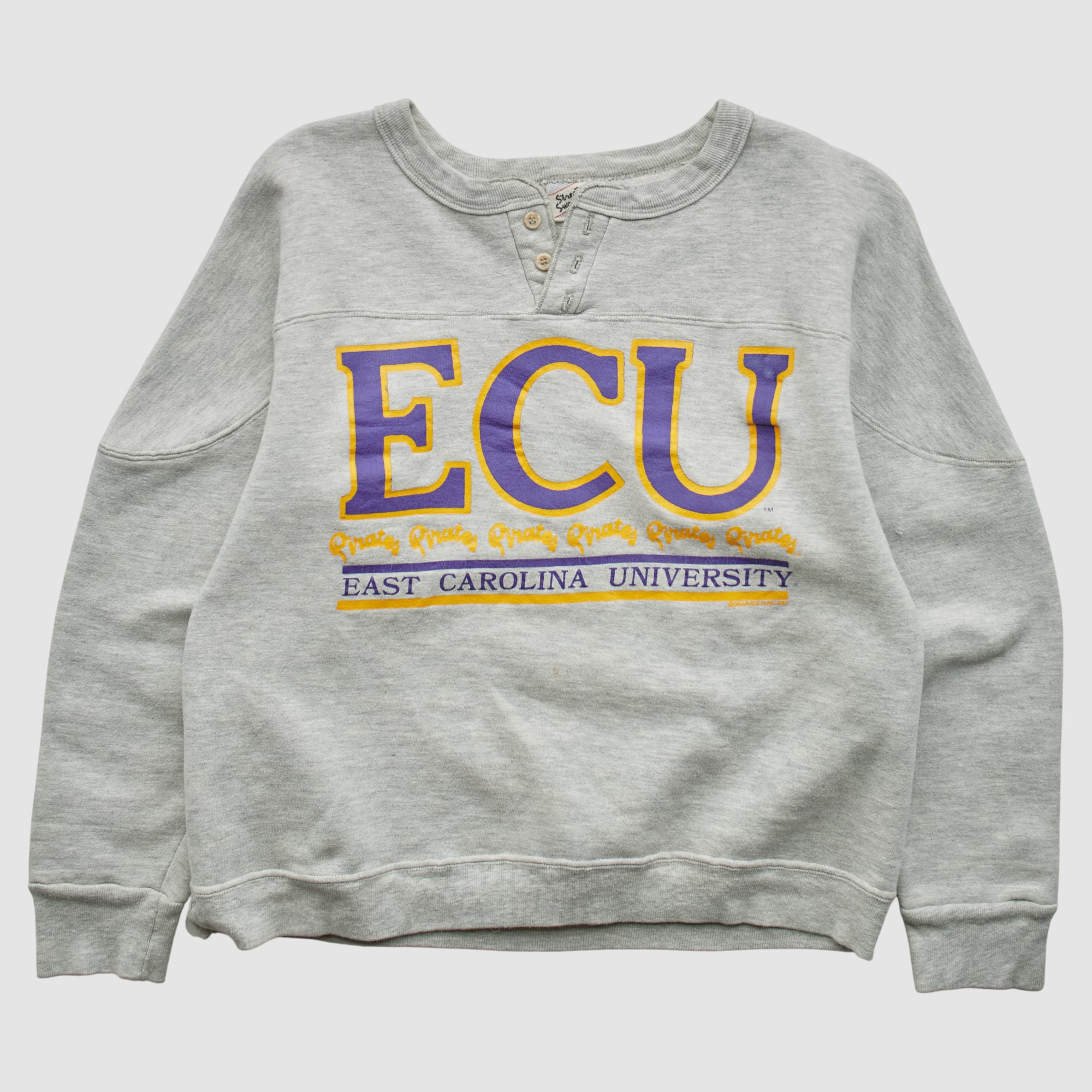 ECU Pirates Street Sweater 90s Pullover Sweatshirt - Heather Gray - XS