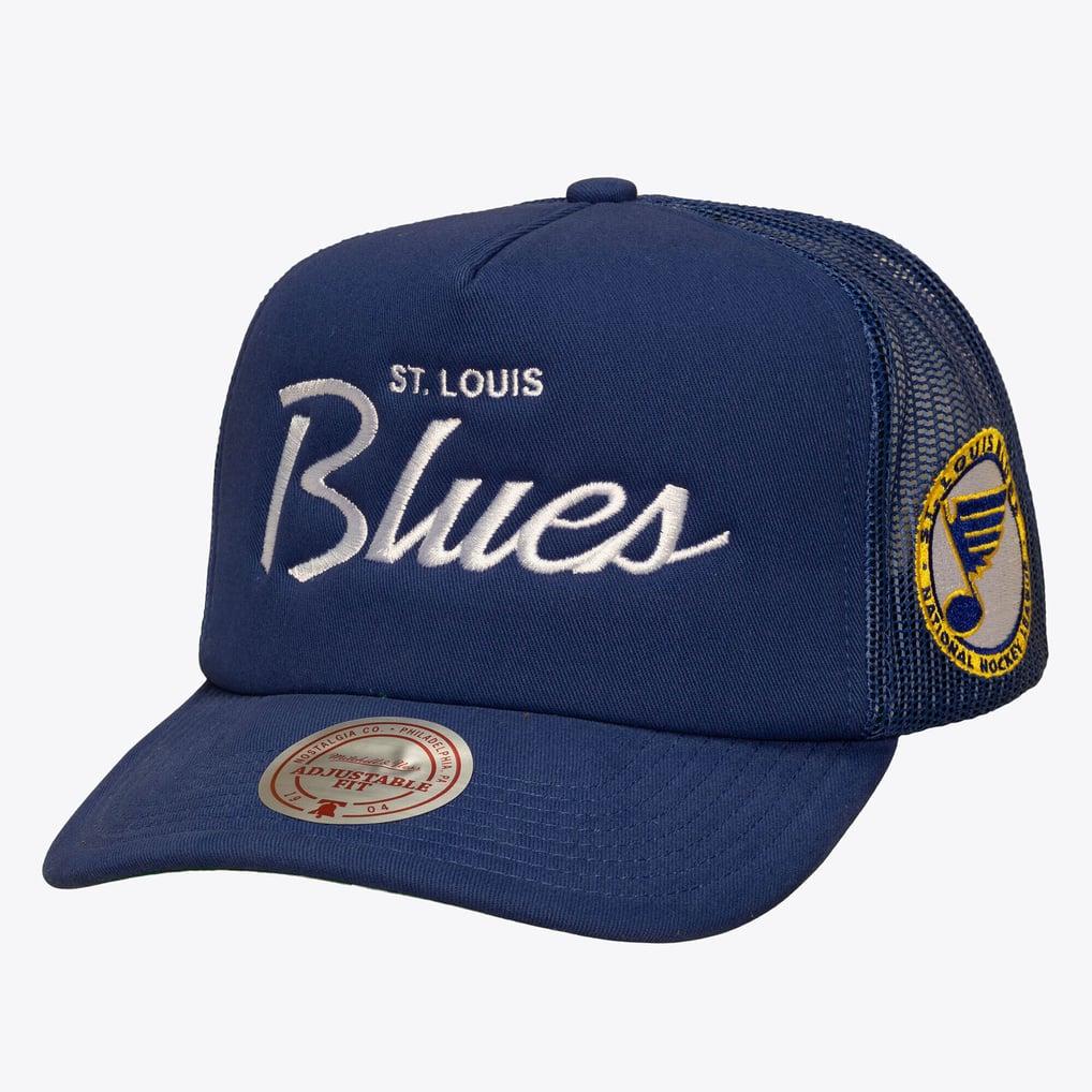 St. Louis Blues Mitchell & Ness Head Coach Trucker Adjustable Hat - Blue