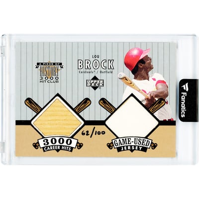 Lou Brock St. Louis Cardinals 2000 Upper Deck A Piece of History 3000 Hit Club Game Used Bat and Jersey Relic #LB-JB #62/100 Card