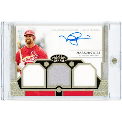 Mark McGwire St. Louis Cardinals Autographed 2024 Topps Tier One Triple Game Used Dual-Color Jersey Relics #T1AR-MM #11/25 Card