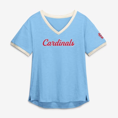 St. Louis Cardinals Fanatics Women's Relaxed Fit Vintage Play​ Slub V-Neck Fashion Top - Light Blue