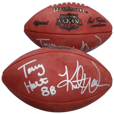 Kurt Warner & Torry Holt St. Louis Rams Autographed Fanatics Authentic Wilson Duke Super Bowl XXXIV Football
