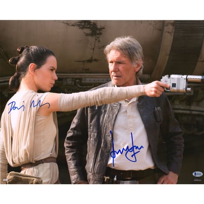 Harrison Ford & Daisy Ridley Star Wars Autographed Fanatics Authentic 16" x 20" Holding Blaster Photograph - BAS