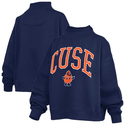 Syracuse Orange Pressbox Women's Oversized Slogan Fleece Mock Neck Sweatshirt - Navy