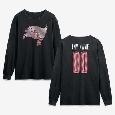 Tampa Bay Buccaneers  Metallic Mascot Personalized Name & Number Long Sleeve T-Shirt - Black
