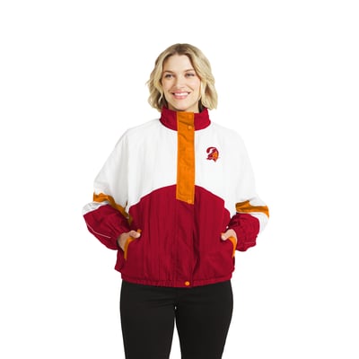  Tampa Bay Buccaneers WEAR by Erin Andrews Women's Throwback Crinkle Full-Zip Hooded Windbreaker Jacket - White/Red