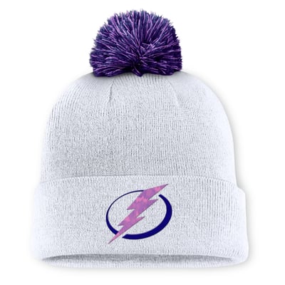  Tampa Bay Lightning Fanatics Authentic Pro Hockey Fights Cancer Cuffed Knit Hat with Pom - White