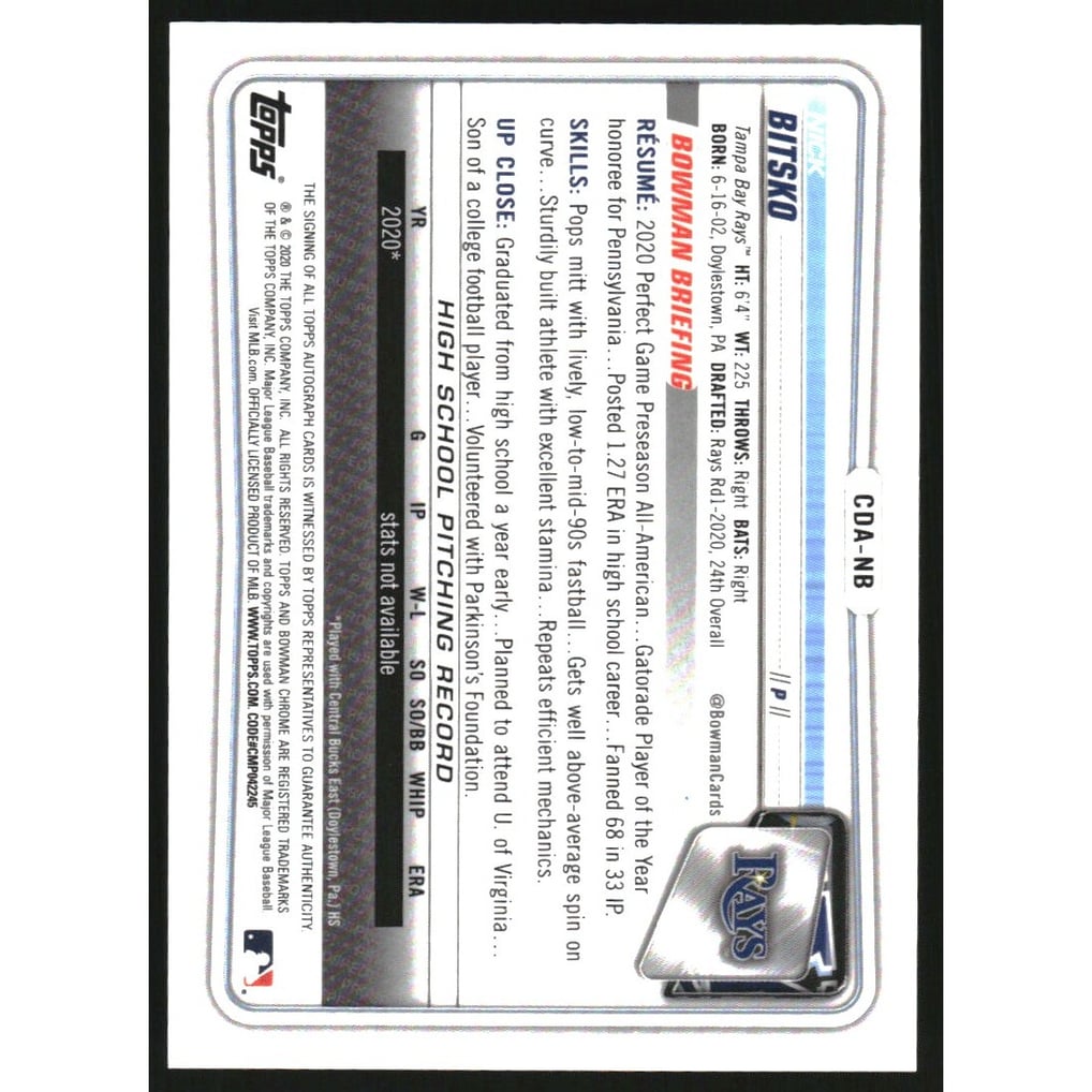2020 Bowman Chrome Draft Autographs Black Refractors #CDANB Nick Bitsko