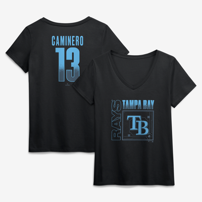 Junior Caminero Tampa Bay Rays Women's Home Field Pop Name & Number V-Neck T-Shirt - Black